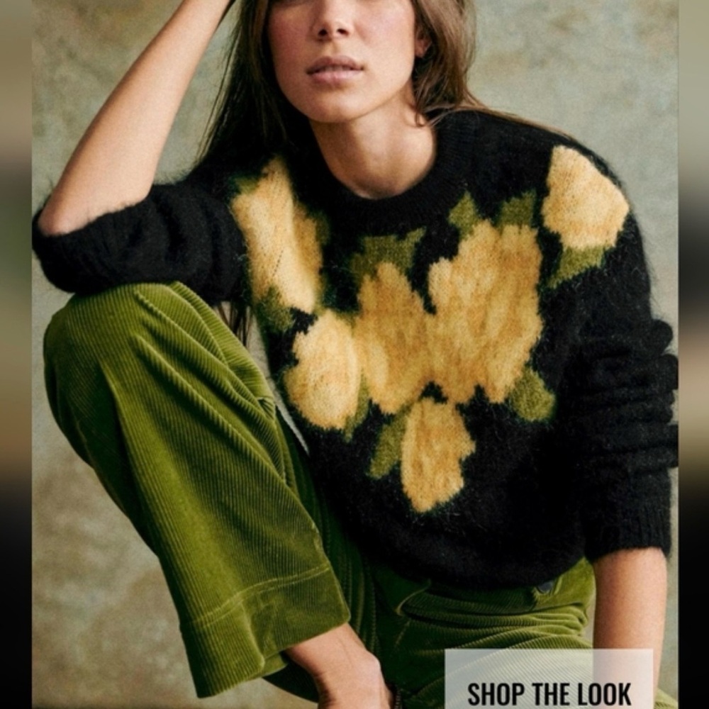 Sezane Black Sweater with Yellow Floral Design